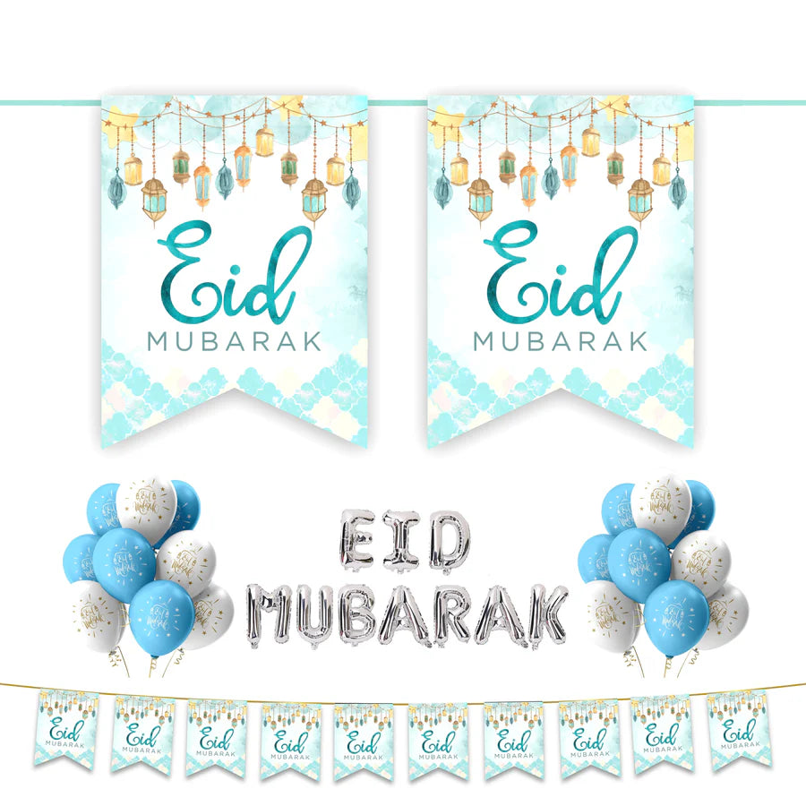 EID Mubarak 30 pc Decoration Set - Blue & White Lanterns
