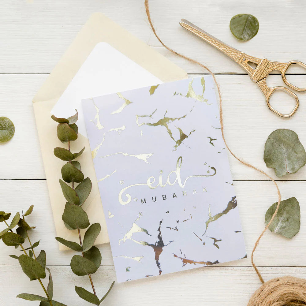 Eid Mubarak Cards - White & Gold Marble Foiled (Pack of 5)