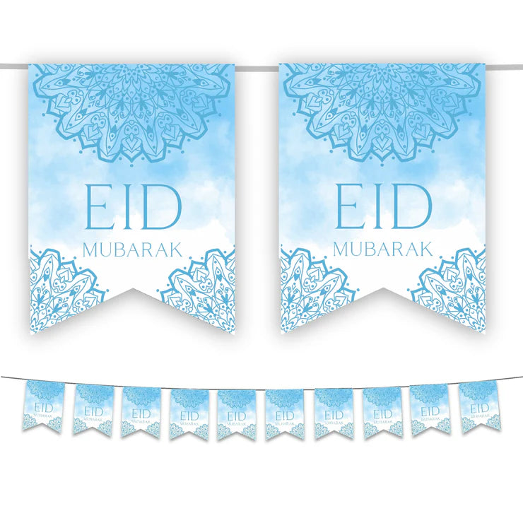 Eid Mubarak Bunting - Blue & White Watercolour Flags Decoration