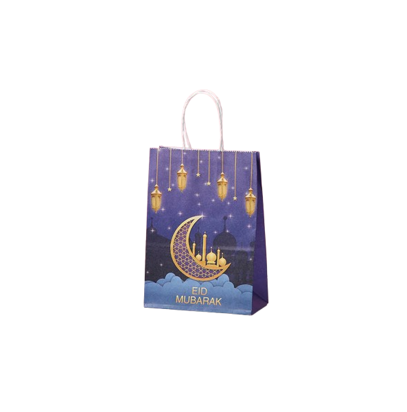 Eid Mubarak Kraft Paper Bag - Blue & Gold Hanging Lanterns Moon & Star - 5 pack