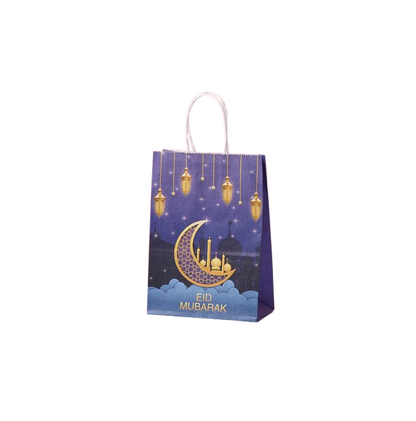 Eid Mubarak Kraft Paper Bag - Blue & Gold Hanging Lanterns Moon & Star - 5 pack