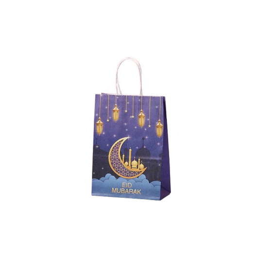 Eid Mubarak Kraft Paper Bag - Blue & Gold Hanging Lanterns Moon & Star - 5 pack