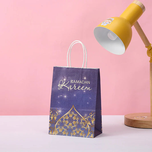 Ramadan Kareem Kraft Paper Bag - Purple, Blue & Gold Geometric - 5 pack