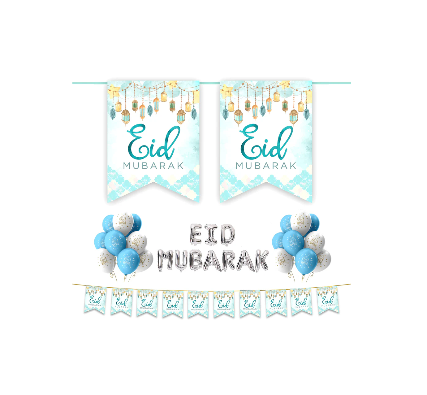 EID Mubarak 30 pc Decoration Set - Blue & White Lanterns