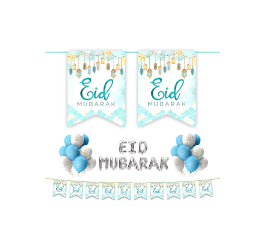 EID Mubarak 30 pc Decoration Set - Blue & White Lanterns