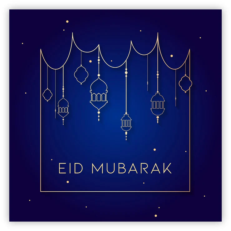 Eid Mubarak Card - Navy & Gold Hanging Lanterns