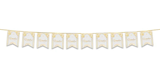 Ramadan Kareem Bunting - White & Gold Geometric Arabesque Archway Flags Decoration