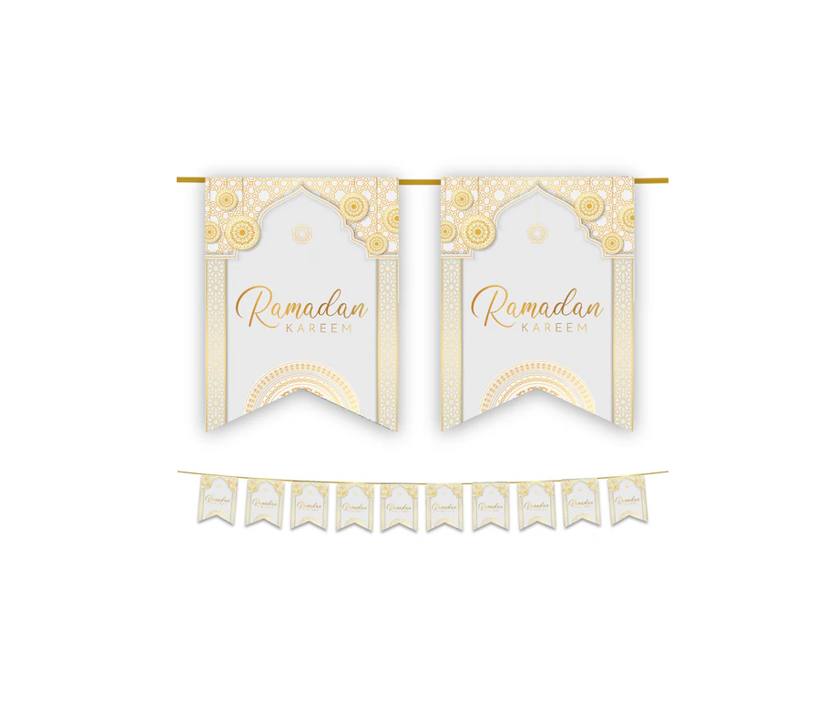 Ramadan Kareem Bunting - White & Gold Geometric Arabesque Archway Flags Decoration