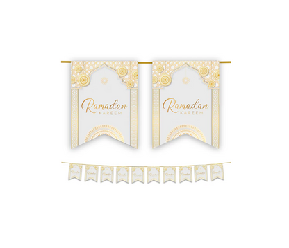Ramadan Kareem Bunting - White & Gold Geometric Arabesque Archway Flags Decoration