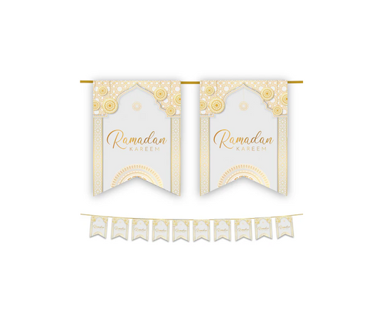 Ramadan Kareem Bunting - White & Gold Geometric Arabesque Archway Flags Decoration