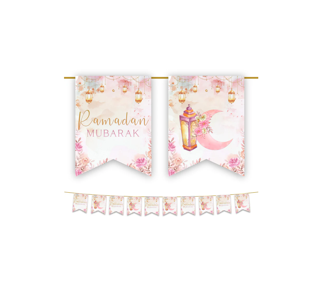Ramadan Mubarak Bunting - Pink Floral Lanterns Flags Decoration