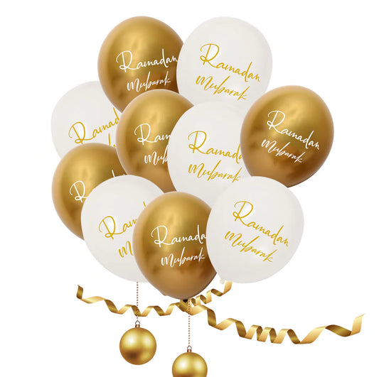 Ramadan Mubarak Balloons - Chrome White & Gold 
