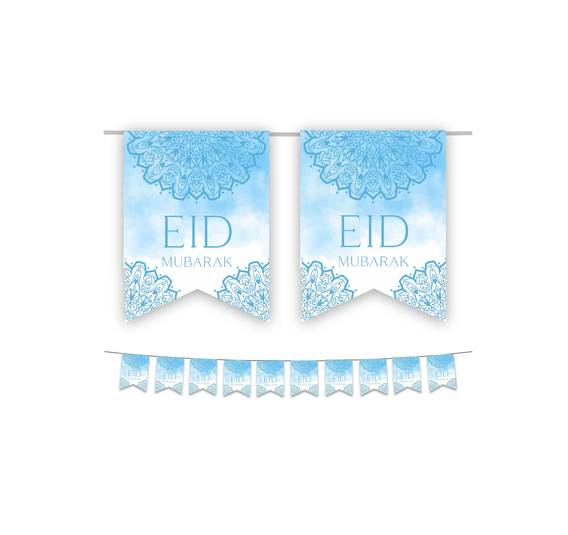 Eid Mubarak Bunting - Blue & White Watercolour Flags Decoration